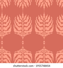 Minimalist boho seamless pattern with leaves in mid century style in an earthy palette. Modern abstract aesthetic background with trendy leaves for wallpaper, wrapping paper and design in beige.