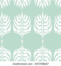 Minimalist boho seamless pattern with leaves in mid century style in blue or mint palette. Modern abstract aesthetic background with trendy leaves for wallpaper, wrapping paper and design