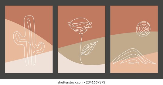 Minimalist Boho style background set with textured designs wall decor set cover design abstract boho colors and lines vector dark and light