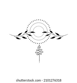 Minimalist boho style sun and leaves. Black and white mystic vector illustration. Ethnic esoteric elements isolated on white background. Use for poster, t-shirt print, astrology, tarot logo, stickers.