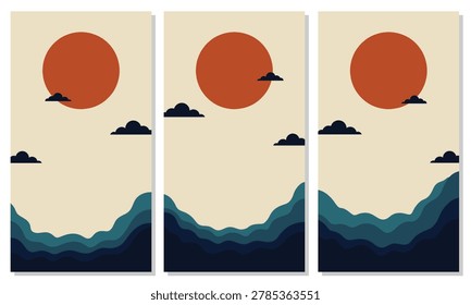 Minimalist boho triptych illustration featuring a warm summer sunset over abstract navy blue ocean waves. A perfect mid-century modern aesthetic poster for contemporary coastal wall decor.
