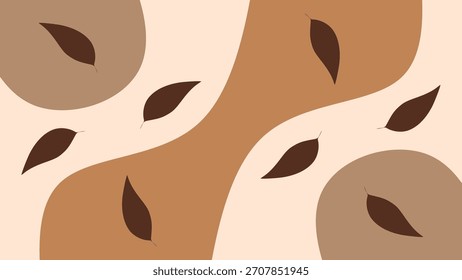 Minimalist boho vector illustration with organic fluid shapes in earth tones. Abstract autumn background with falling brown leaves. Abstract wavy background.