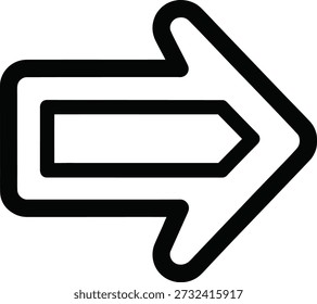 Um gráfico de seta preta em negrito e minimalista é representado sobre um plano de fundo branco. A seta aponta diretamente para a direita. Possui um contorno externo espesso com cantos arredondados, e dentro dele, uma forma de seta menor e mais estreita é contida, também apontando para a direita e contornado em preto, deixando um espaço branco em seu centro. Este projeto cria uma sensação de profundidade e direcionalidade.