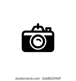 A minimalist, bold black line drawing of a classic camera, presented on a clean white background. Ideal for photography related themes.