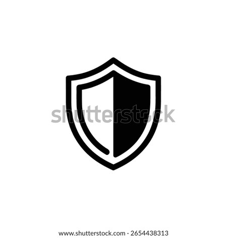 A minimalist, bold black outline surrounds a shield divided vertically into white and black halves. This graphic symbolizes protection, security, and safety.