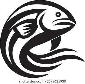 A minimalist and bold black and white fish emblem with flowing curves, symbolizing fluidity, motion, and the harmony of aquatic life
