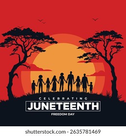 Minimalist and bold typographic design featuring "CELEBRATING JUNETEENTH FREEDOM DAY" in a clean, stacked layout. Perfect for Juneteenth posters, social media graphics, educational content, or cultura