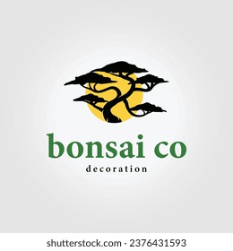 minimalist bonsai logo design with sunset icon, vector illustration of bonsai tree for business branding