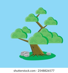 Minimalist bonsai tree illustration in a flat style, featuring green foliage and a textured trunk on a grassy base with rocks. Perfect for nature, gardening, and zen-themed concepts.