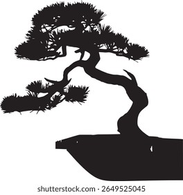 A minimalist bonsai tree silhouette gently swaying in the wind, set against a clean white background. This elegant black vector design is perfect for nature themes, Japanese aesthetics