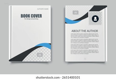 Modelo minimalista de capa de livro apresentando formas curvas suaves em preto e azul em um fundo branco limpo. Ideal para autores, editores ou plataformas de impressão digital que buscam uma 