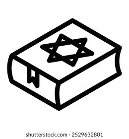 Minimalist book icon with a Star of David symbol, representing religious texts, Jewish culture, or spiritual studies in simple line design. Editable stroke.