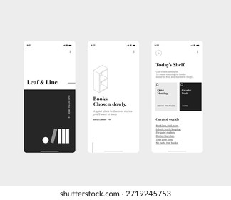 Biblioteca de livros minimalista aplicativo móvel UI com tipografia elegante e design editorial moderno.