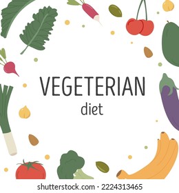 Minimalist border with healthy organic vegetables. Square card design for vegetarian or vegan diet. Circle frame for farmer market or summer menu recipe. Vector colored flat style illustration. 