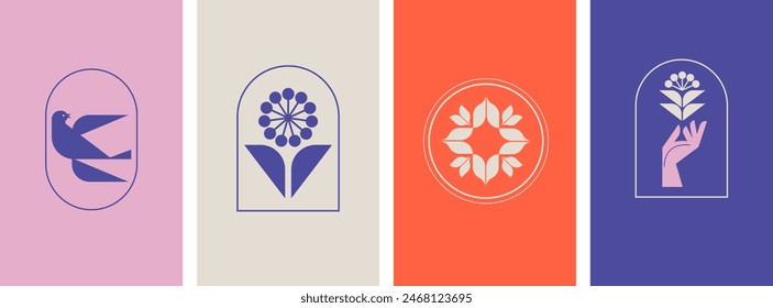 Minimalist Botanic graphic elements and logos. Flowers, simple plants and shapes vector illustrations. Modern Scandinavian design