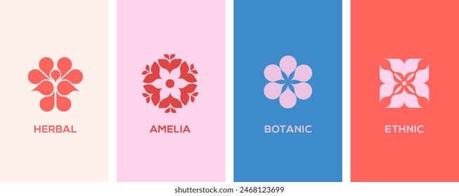 Minimalist Botanic graphic elements and logos. Flowers, simple plants and shapes vector illustrations. Modern Scandinavian design