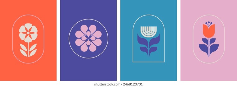 Minimalist Botanic graphic elements and logos. Flowers, simple plants and shapes vector illustrations. Modern Scandinavian design