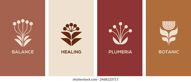 Elementos gráficos botánicos y logos minimalistas. Flores, plantas simples y Ilustraciones vectoriales de Formas. Diseño escandinavo moderno