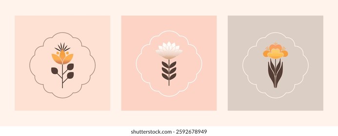 Minimalist Botanic graphic elements and logos. Flowers, simple plants  vector illustrations. Modern  design