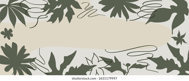 Minimalist botanical abstract background featuring green tropical leaf silhouettes with hand-drawn lines. Soft beige center space ideal for text or branding. Perfect for invitations, social media post