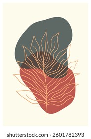 Minimalist botanical abstract with earthy tones. Line art plant over geometric shapes creates a modern, elegant, and stylish decor piece