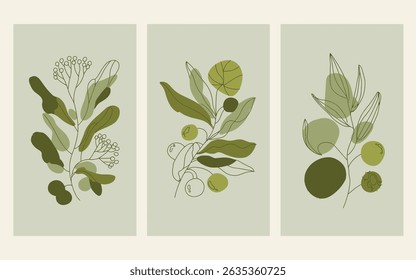 Minimalist botanical art features three panels with illustrations of olive green leaves, circles and branches, on cream colored paper.