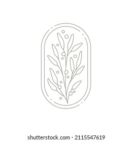 Minimalist botanical branch with leaves decorated by design elements at circle frame emblem vector illustration. Line art deco print, card ornament, beauty spa wellness salon logo isolated on white
