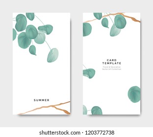 Minimalist botanical card template design, Pilea peperomioides plant with golden line on white, pastel vintage theme