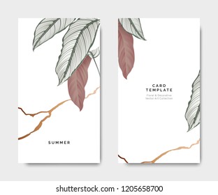 Minimalist botanical card template design, Calathea ornata with golden line on white, pastel vintage theme