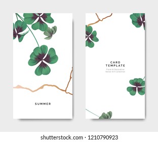 Minimalist botanical card template design, Oxalis tetraphylla or lucky clover with golden line on white, pastel vintage theme