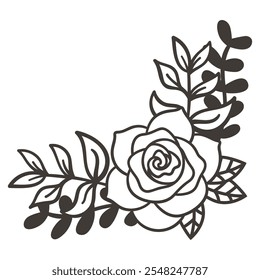 Marco de esquina botánico minimalista, elemento de diseño de línea de ramo de flores dibujado a mano. Ilustración vectorial en blanco y negro.