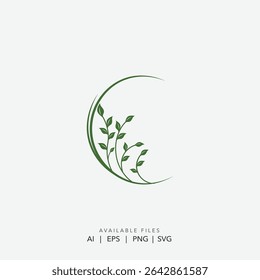 Minimalist Botanical Crescent Moon Logo with Green Leaves for Natural Beauty