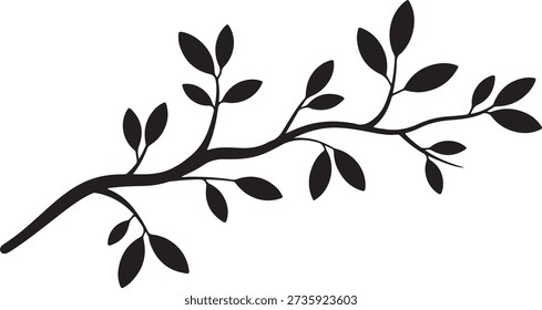 Minimalist botanical element featuring a bare tree branch with multiple leaves, presented as a solid black silhouette on white.