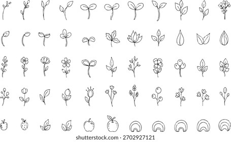 Elementos botánicos minimalistas colección dibujada a mano brotes hojas flores bayas manzanas naturaleza símbolos