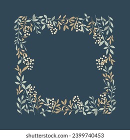 Minimalist botanical frame made of leaves and twigs. Decorative elements for wedding invitations, cards, vouchers, flyers, background for social media.
