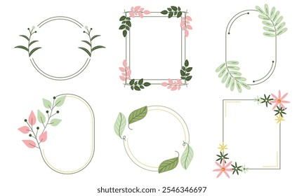 Minimalist botanical frames collection with floral and leaf elements. Set for wedding invitations, valentine's day cards and elegant designs. Vector illustration on white background.