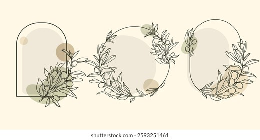Minimalist botanical frames set with olive branches and abstract shapes in neutral tones. Elegant floral line art design suitable for invitations, branding, logo, and decor.Vector illustration