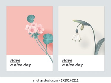 Minimalist botanical greeting card template design, Pelargonium zonale and snowdrop