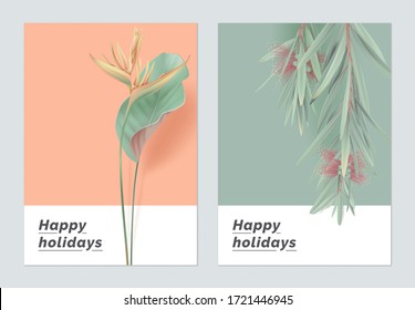 Minimalist Botanical Greeting Card Template Design, Heliconia Rostrata And Bottle Brush Tree