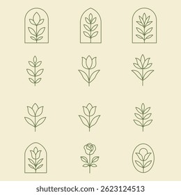 Minimalist botanical icon collection featuring simple floral and foliage line art. Ideal for branding, eco-friendly packaging, and wellness-themed projects.