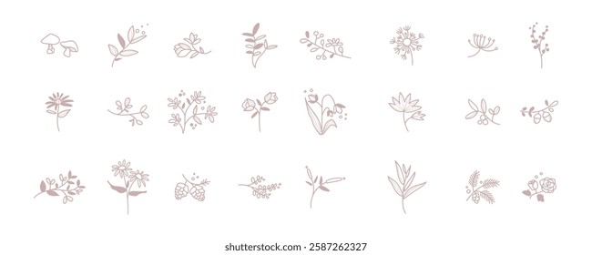 Minimalist botanical icons featuring various plants and flowers. Delicate floral designs in soft tones. Perfect for nature-themed projects and decor. Spring flower illustrations, isolated vector set.