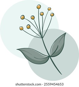 A minimalist, botanical illustration featuring a delicate green branch with small yellow berries on a soft blue background