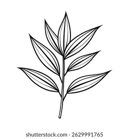 Minimalist botanical illustration featuring a simple line art bamboo leaf branch design with clean lines on a neutral background. Perfect for adding a touch of nature.