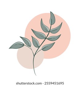 A minimalist, botanical illustration featuring a single green leaf on a soft pink background