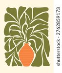 Minimalist botanical illustration featuring a textured orange vase with a lush arrangement of organic olive green leaves on a cream background. Modern abstract floral wall art in a flat design.