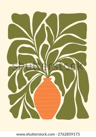 Minimalist botanical illustration featuring a textured orange vase with a lush arrangement of organic olive green leaves on a cream background. Modern abstract floral wall art in a flat design.