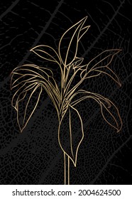 Minimalist botanical illustration. Golden outline of a plant on a black background.. Suitable for posters, greeting cards, corporate cards and invitations, book covers and notebooks.