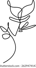 Minimalist botanical illustration. Single continuous line drawing of a stylized plant with leaves and stem. Elegant, simple, and modern design element on a clean white background.