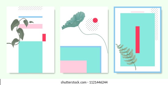 Minimalist botanical invitation card template design, plants and pastel symmetry shapes, blue and pink tones