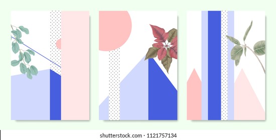 Minimalist botanical invitation card template design, plants and pastel symmetry shapes, purple and pink tones